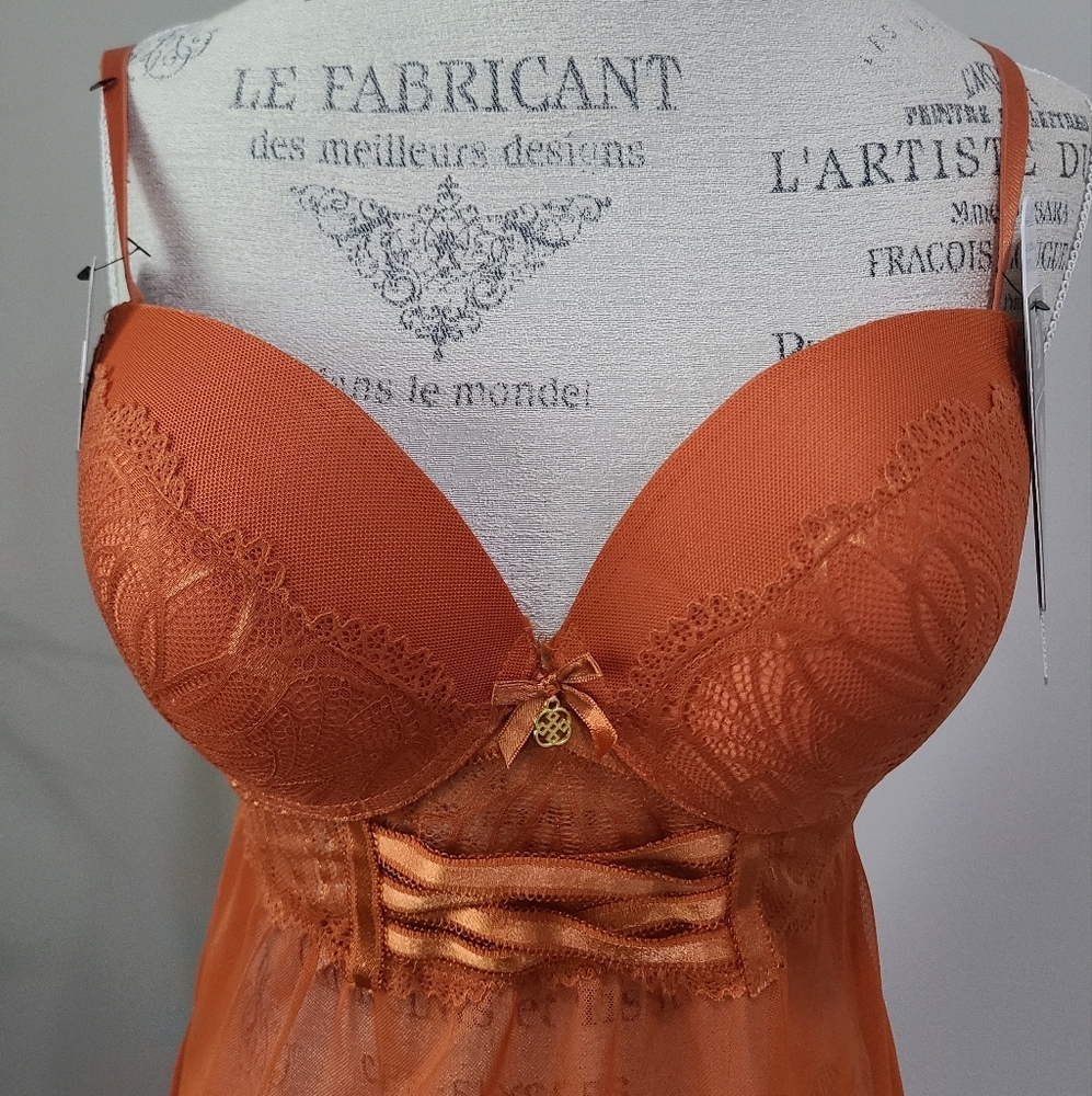 NWT Daisy Fuentes Elegant Orange Lace Babydoll Sz.XL - Picture 2 of 15